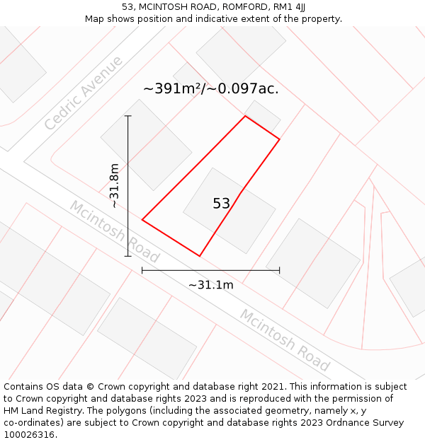 53, MCINTOSH ROAD, ROMFORD, RM1 4JJ: Plot and title map