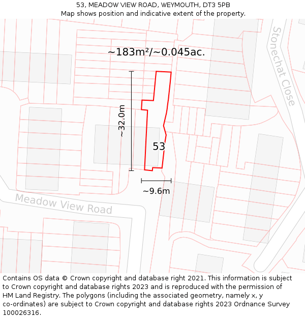 53, MEADOW VIEW ROAD, WEYMOUTH, DT3 5PB: Plot and title map