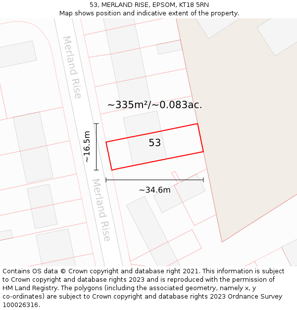 53, MERLAND RISE, EPSOM, KT18 5RN: Plot and title map