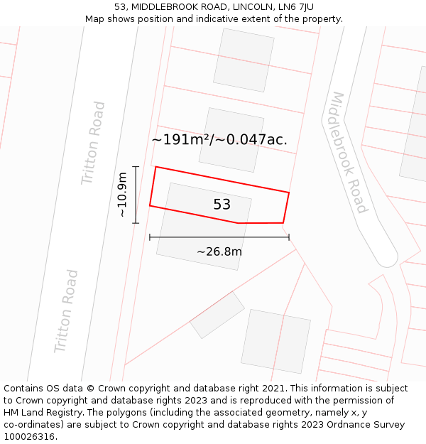 53, MIDDLEBROOK ROAD, LINCOLN, LN6 7JU: Plot and title map