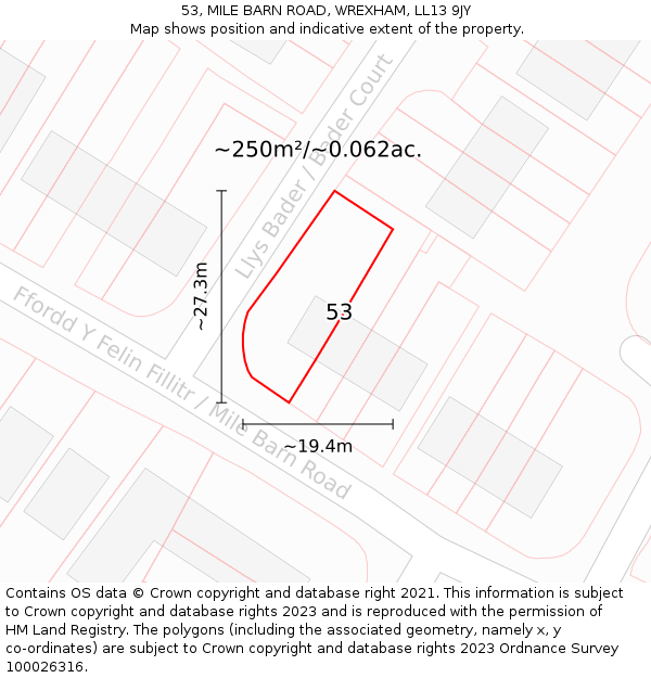 53, MILE BARN ROAD, WREXHAM, LL13 9JY: Plot and title map