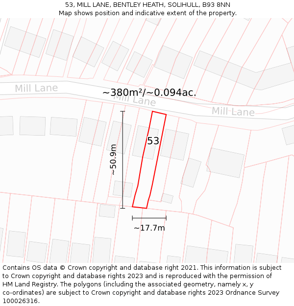 53, MILL LANE, BENTLEY HEATH, SOLIHULL, B93 8NN: Plot and title map