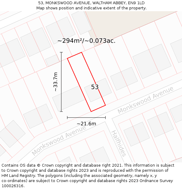 53, MONKSWOOD AVENUE, WALTHAM ABBEY, EN9 1LD: Plot and title map