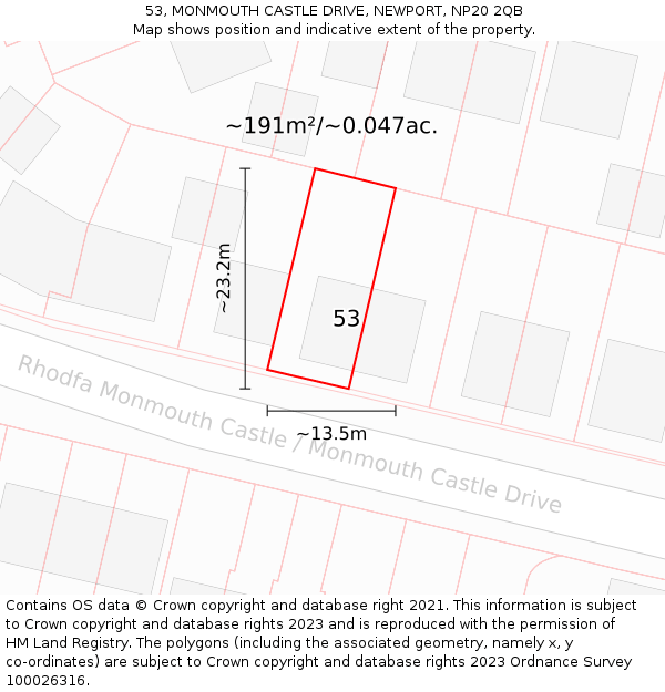 53, MONMOUTH CASTLE DRIVE, NEWPORT, NP20 2QB: Plot and title map