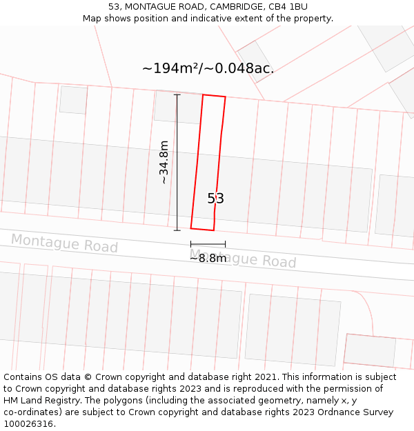 53, MONTAGUE ROAD, CAMBRIDGE, CB4 1BU: Plot and title map