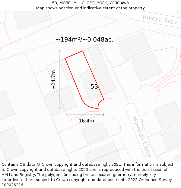 53, MOREHALL CLOSE, YORK, YO30 4WA: Plot and title map