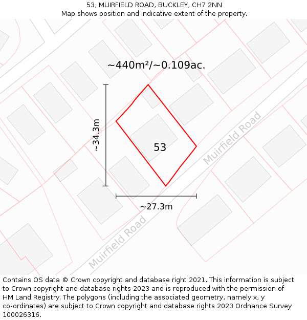 53, MUIRFIELD ROAD, BUCKLEY, CH7 2NN: Plot and title map