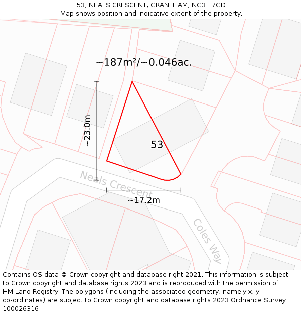 53, NEALS CRESCENT, GRANTHAM, NG31 7GD: Plot and title map