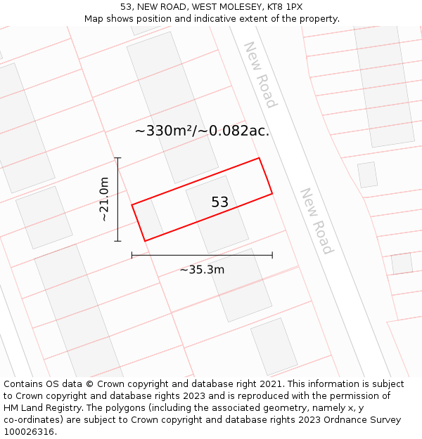 53, NEW ROAD, WEST MOLESEY, KT8 1PX: Plot and title map