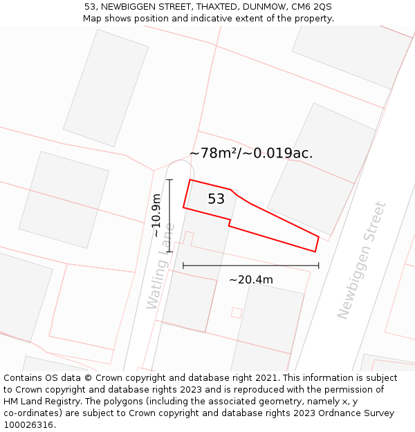 53, NEWBIGGEN STREET, THAXTED, DUNMOW, CM6 2QS: Plot and title map