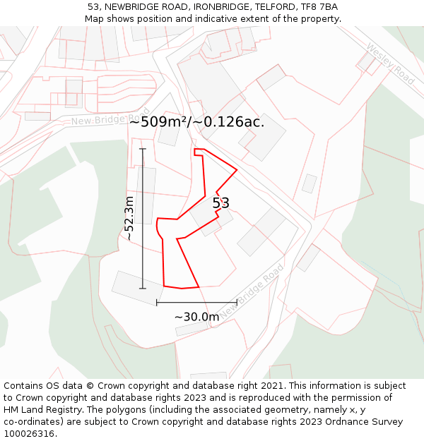 53, NEWBRIDGE ROAD, IRONBRIDGE, TELFORD, TF8 7BA: Plot and title map