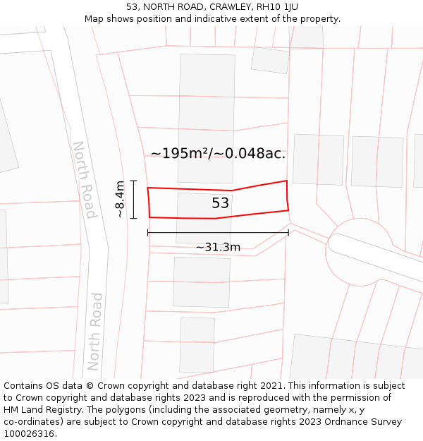 53, NORTH ROAD, CRAWLEY, RH10 1JU: Plot and title map