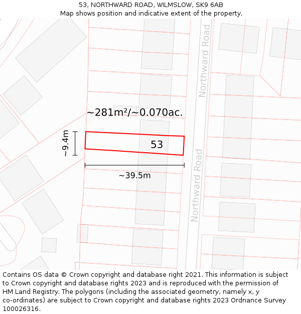 53, NORTHWARD ROAD, WILMSLOW, SK9 6AB: Plot and title map