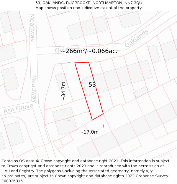 53, OAKLANDS, BUGBROOKE, NORTHAMPTON, NN7 3QU: Plot and title map