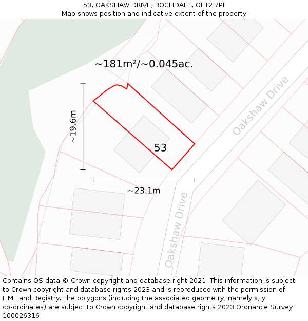 53, OAKSHAW DRIVE, ROCHDALE, OL12 7PF: Plot and title map