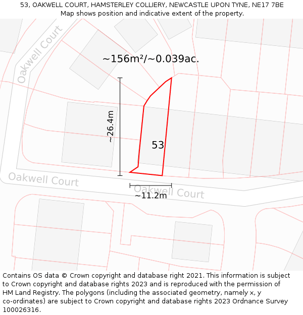 53, OAKWELL COURT, HAMSTERLEY COLLIERY, NEWCASTLE UPON TYNE, NE17 7BE: Plot and title map