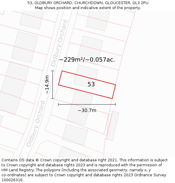 53, OLDBURY ORCHARD, CHURCHDOWN, GLOUCESTER, GL3 2PU: Plot and title map