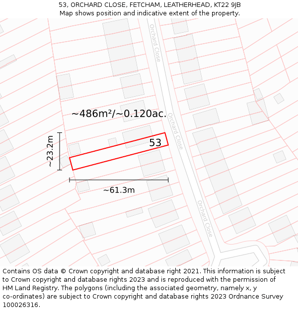 53, ORCHARD CLOSE, FETCHAM, LEATHERHEAD, KT22 9JB: Plot and title map
