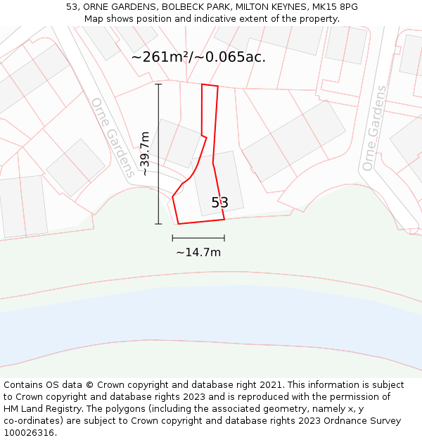 53, ORNE GARDENS, BOLBECK PARK, MILTON KEYNES, MK15 8PG: Plot and title map