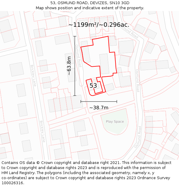 53, OSMUND ROAD, DEVIZES, SN10 3GD: Plot and title map
