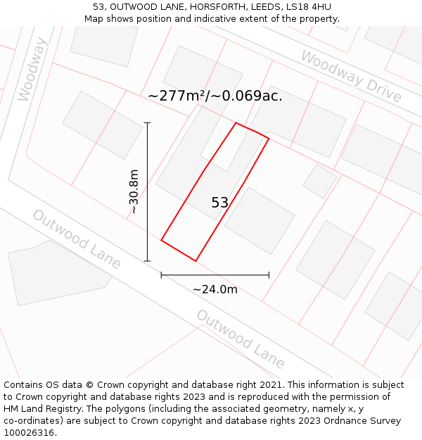 53, OUTWOOD LANE, HORSFORTH, LEEDS, LS18 4HU: Plot and title map