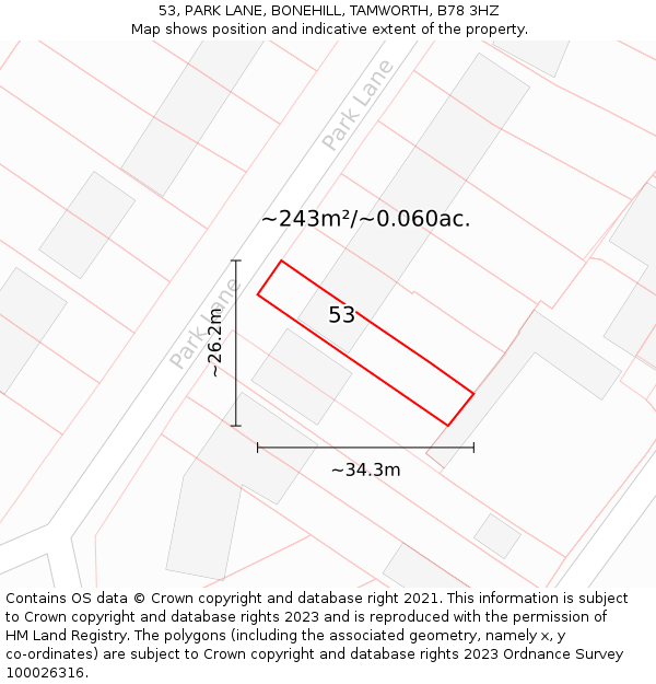 53, PARK LANE, BONEHILL, TAMWORTH, B78 3HZ: Plot and title map