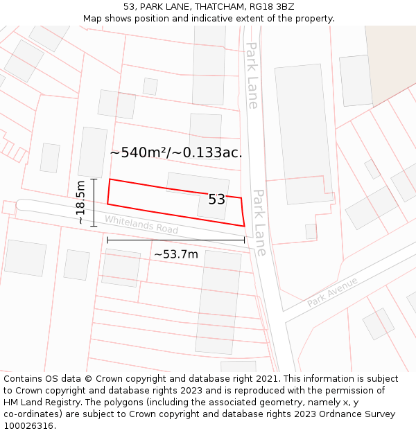 53, PARK LANE, THATCHAM, RG18 3BZ: Plot and title map