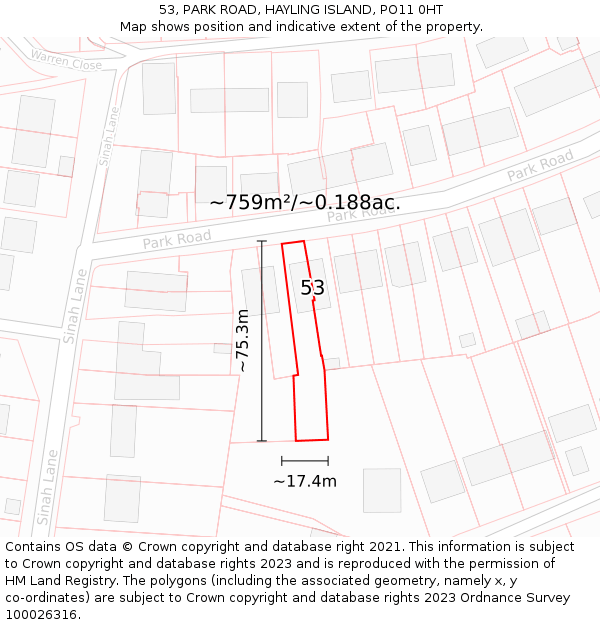 53, PARK ROAD, HAYLING ISLAND, PO11 0HT: Plot and title map