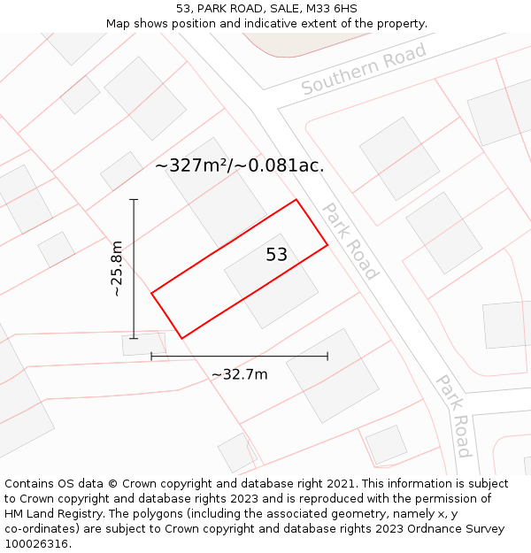 53, PARK ROAD, SALE, M33 6HS: Plot and title map