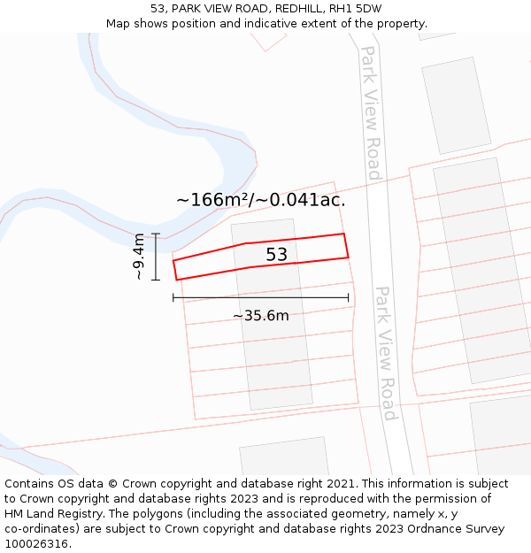 53, PARK VIEW ROAD, REDHILL, RH1 5DW: Plot and title map