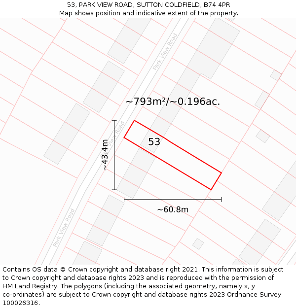 53, PARK VIEW ROAD, SUTTON COLDFIELD, B74 4PR: Plot and title map