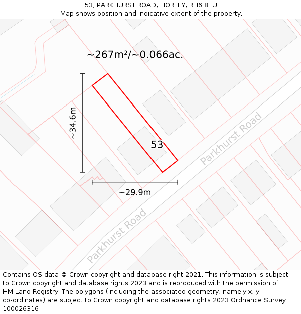 53, PARKHURST ROAD, HORLEY, RH6 8EU: Plot and title map