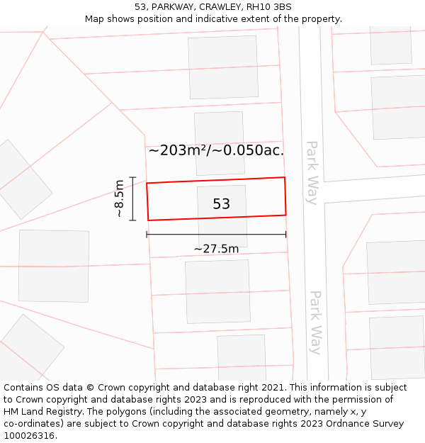 53, PARKWAY, CRAWLEY, RH10 3BS: Plot and title map