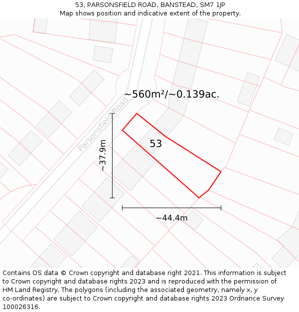 53, PARSONSFIELD ROAD, BANSTEAD, SM7 1JP: Plot and title map