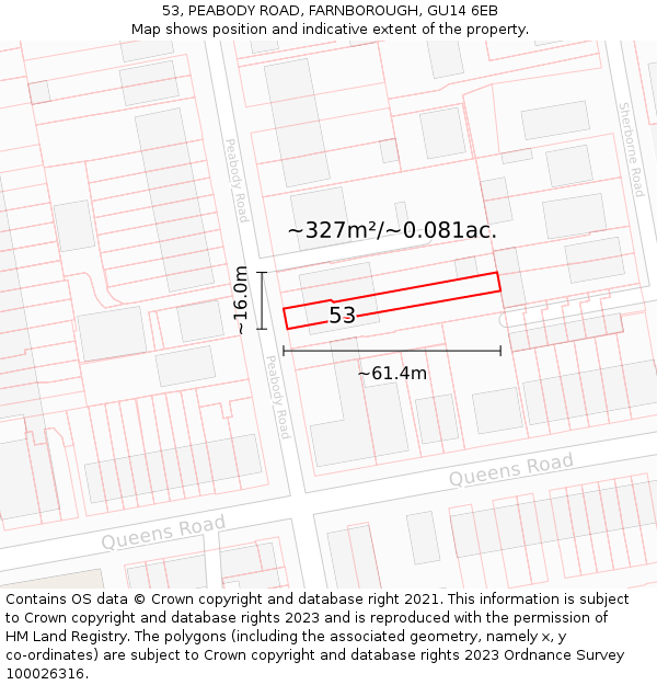 53, PEABODY ROAD, FARNBOROUGH, GU14 6EB: Plot and title map