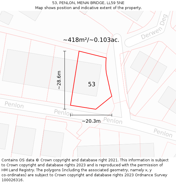 53, PENLON, MENAI BRIDGE, LL59 5NE: Plot and title map