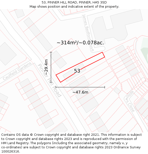 53, PINNER HILL ROAD, PINNER, HA5 3SD: Plot and title map