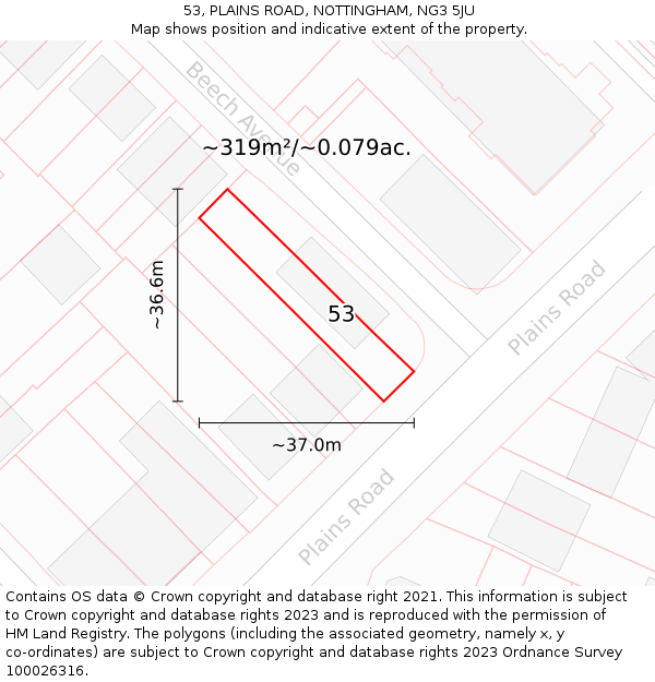 53, PLAINS ROAD, NOTTINGHAM, NG3 5JU: Plot and title map