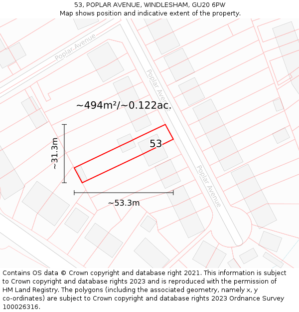 53, POPLAR AVENUE, WINDLESHAM, GU20 6PW: Plot and title map