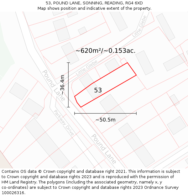 53, POUND LANE, SONNING, READING, RG4 6XD: Plot and title map