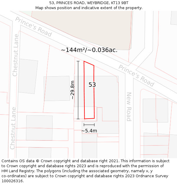 53, PRINCES ROAD, WEYBRIDGE, KT13 9BT: Plot and title map