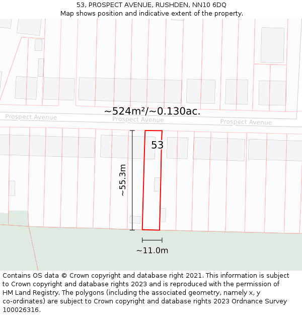 53, PROSPECT AVENUE, RUSHDEN, NN10 6DQ: Plot and title map