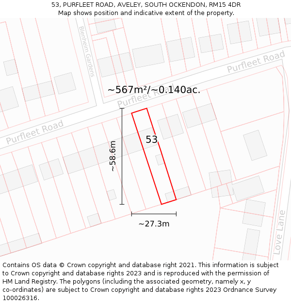 53, PURFLEET ROAD, AVELEY, SOUTH OCKENDON, RM15 4DR: Plot and title map