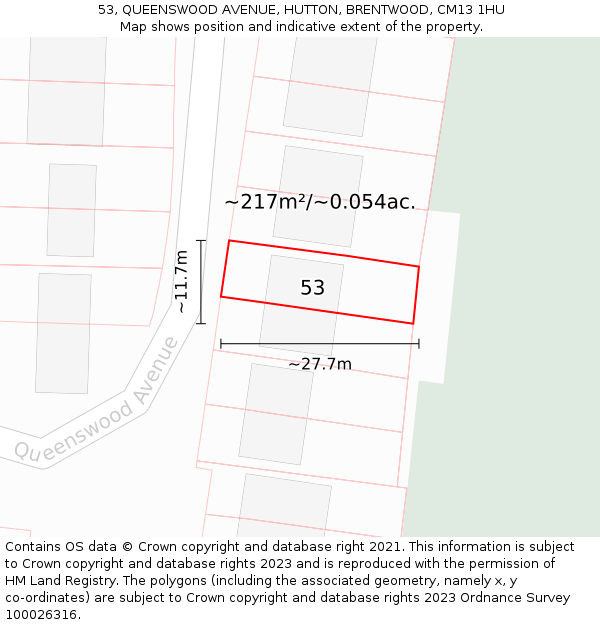 53, QUEENSWOOD AVENUE, HUTTON, BRENTWOOD, CM13 1HU: Plot and title map