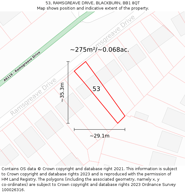 53, RAMSGREAVE DRIVE, BLACKBURN, BB1 8QT: Plot and title map