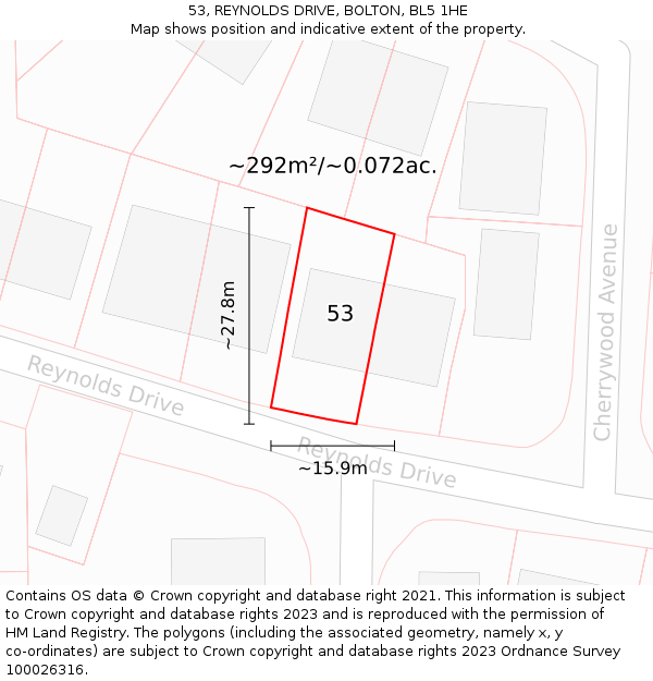 53, REYNOLDS DRIVE, BOLTON, BL5 1HE: Plot and title map