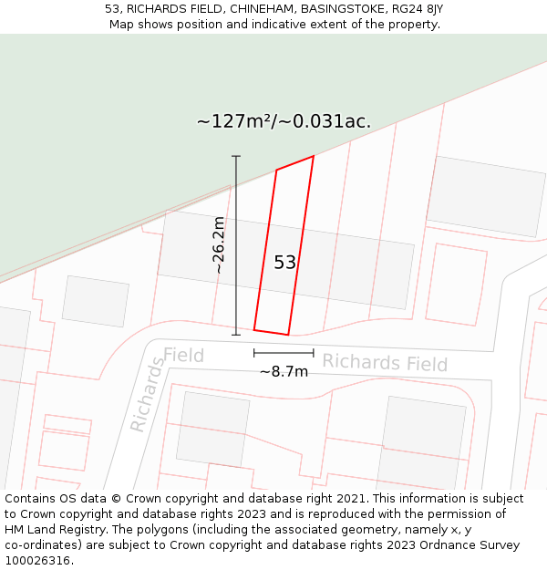 53, RICHARDS FIELD, CHINEHAM, BASINGSTOKE, RG24 8JY: Plot and title map