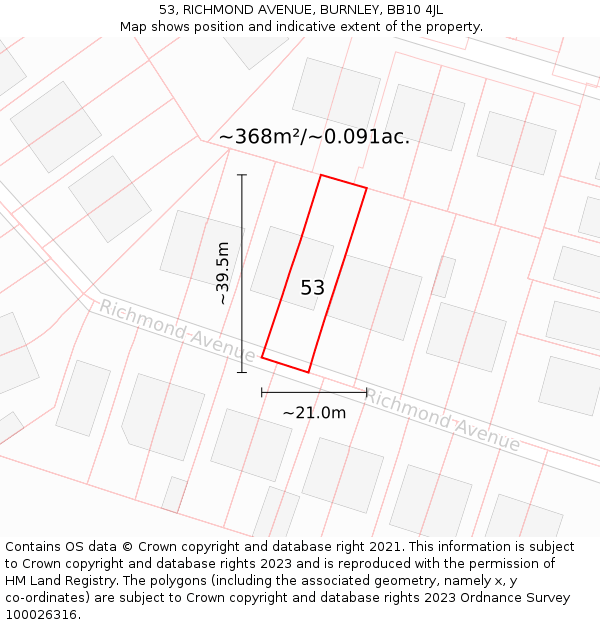 53, RICHMOND AVENUE, BURNLEY, BB10 4JL: Plot and title map