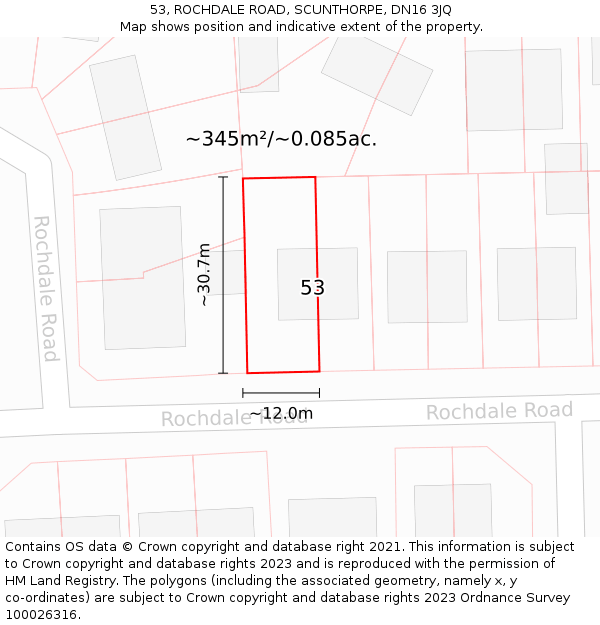 53, ROCHDALE ROAD, SCUNTHORPE, DN16 3JQ: Plot and title map