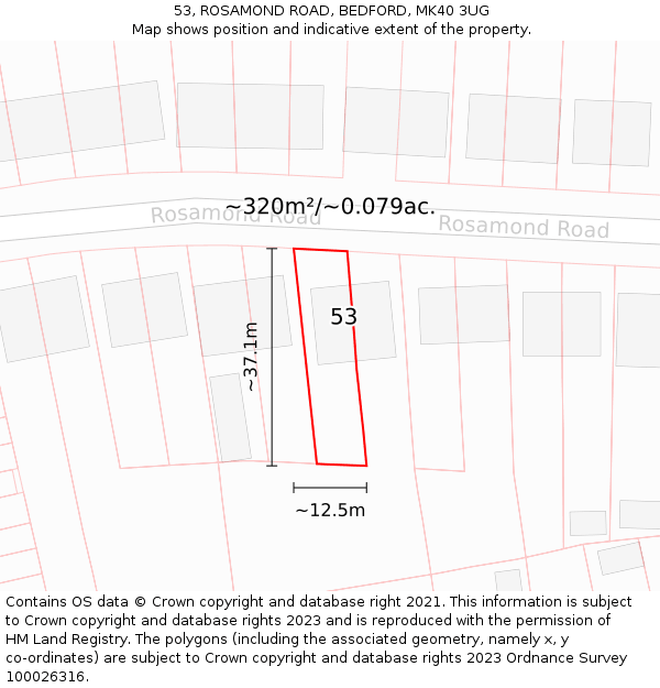 53, ROSAMOND ROAD, BEDFORD, MK40 3UG: Plot and title map